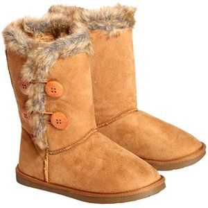 Fur Lined Twin Button Mid Calf Flat Women's Rita Winter Fleece Boot Low Heel Tan